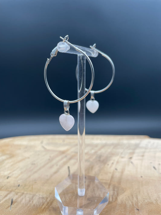 Boucles d'oreilles acier inoxydable -coeur quartz rose