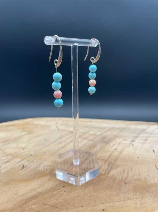 Boucles d'oreilles acier inoxydable -turquoise et rhodochrosite